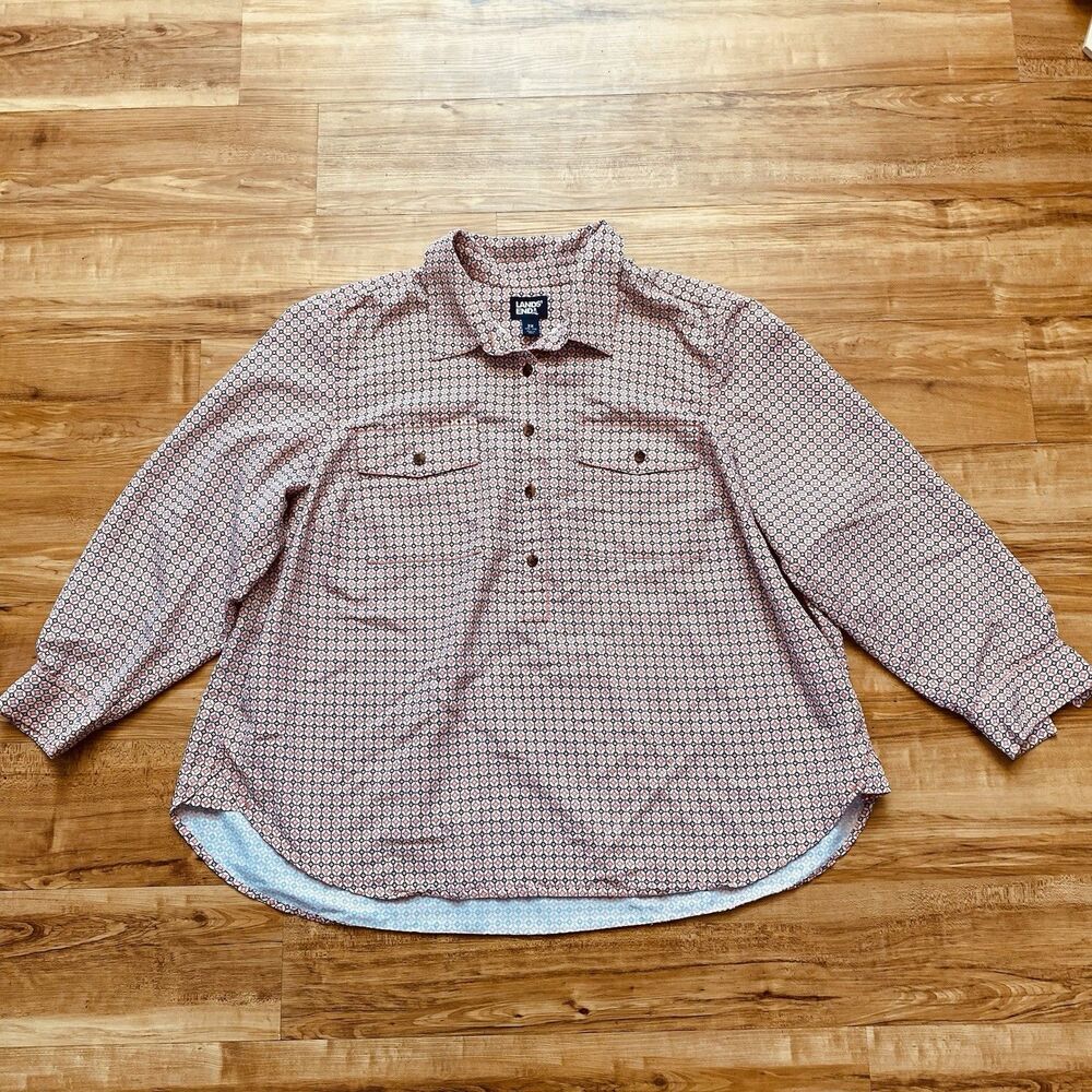 Lands' End 2X Orange Blue Geometric 1/2 Button Long Sleeve Popover Shirt Preppy